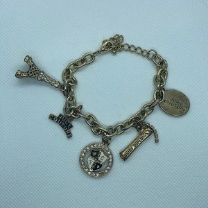 Juicy Couture Gold Tone Charm Bracelet Eiffel Tower Diploma Crest & Rhinestone